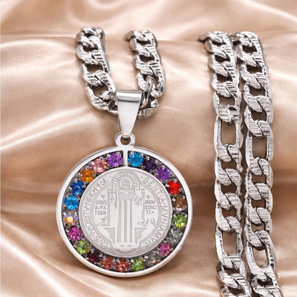 Saint Benedict Medallion Silver Cuban Link Multicolor Crystal Necklace - Picture 2 of 5